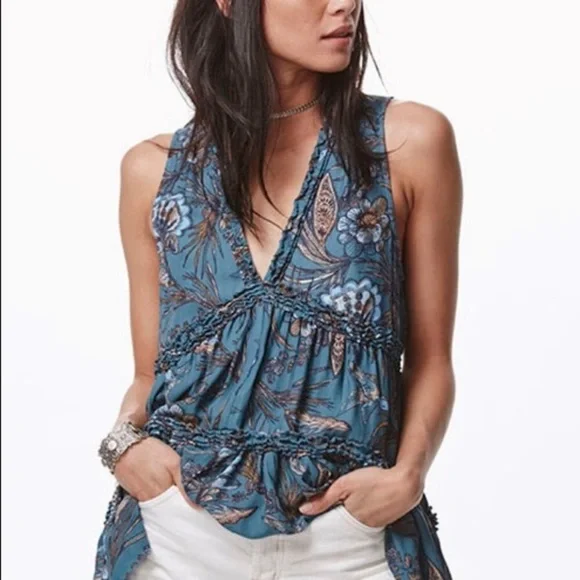 Free People Haze Hummingbird Tunic Blue Ruffled XS - Picture 4 of 12